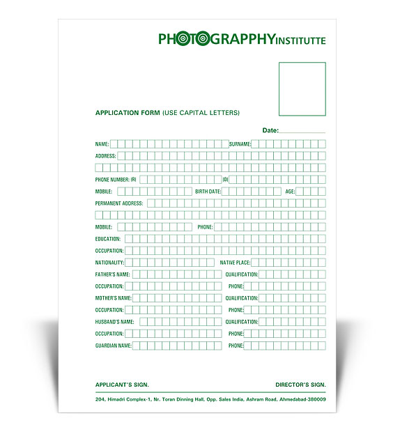 Application Form Design for Photograpphy Institutte